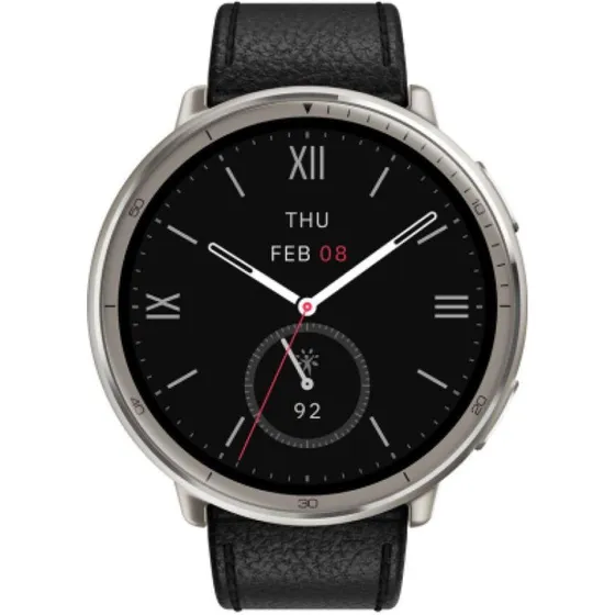 Amazfit Active 2 Round NFC 44mm Sort/Sølv Læderrem