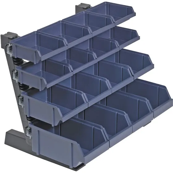 Raaco bordstativ med 16 blå lagerkasser, 388x500x360 mm