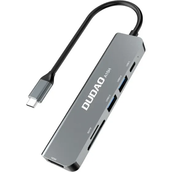 Dudao A15H 6-in-1 Type-C Dockingstation, Grå, 60W PD