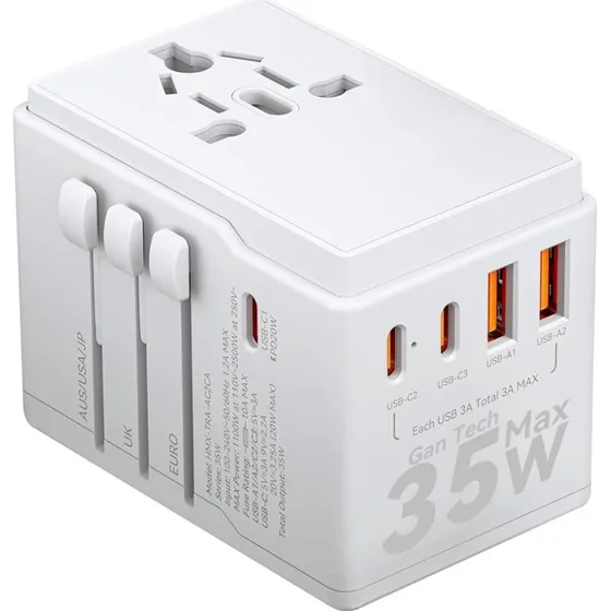 Dudao A35Pro GaN Rejseadapter 35W, 3×USB-C + 2×USB-A, Hvid