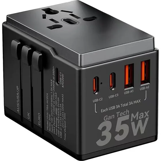Dudao A35Pro Rejseadapter 35W GaN, 3x USB-C + 2x USB-A, sort