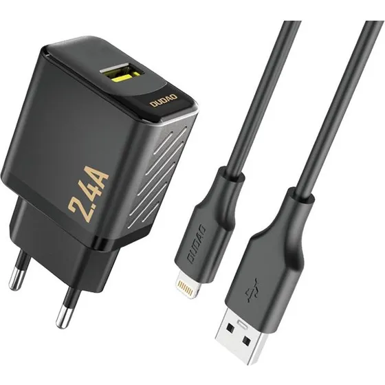 Dudao A23LEU 12W GaN USB-A wall charger med Lightning-kabel, sort