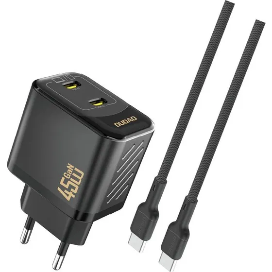 Dudao A28PCEU 45W GaN 2x USB-C Oplader med USB-C Kabel - Sort
