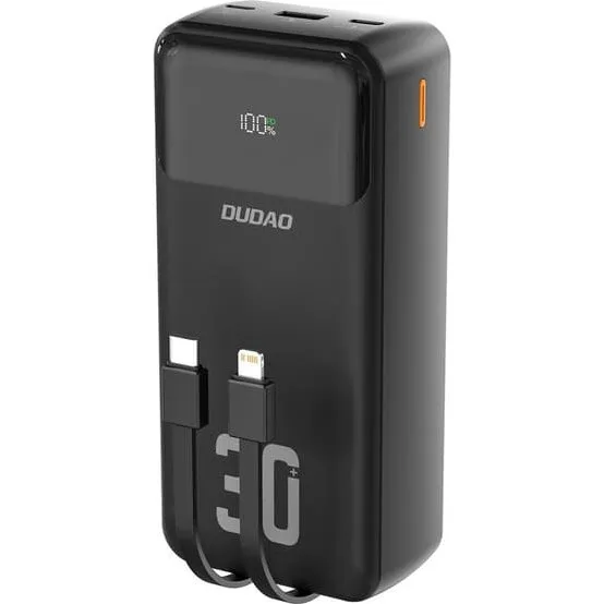 Dudao K15MAX 30000mAh Powerbank med PD 22,5 W og indbyggede kabler – sort