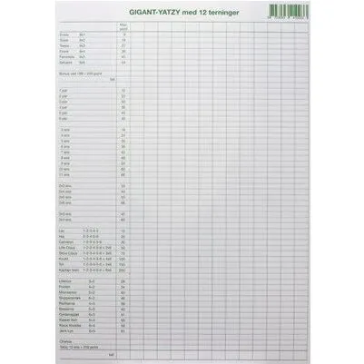 Yatzy Gigant Blok A4 – plads til 12 terninger