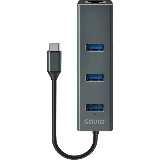 Savio AK-57 USB-C Hub med Ethernet, 3x USB-A, grå