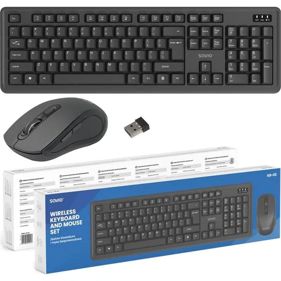 Savio KB-03 trådløst tastatur og mus, fuld størrelse, USB, sort