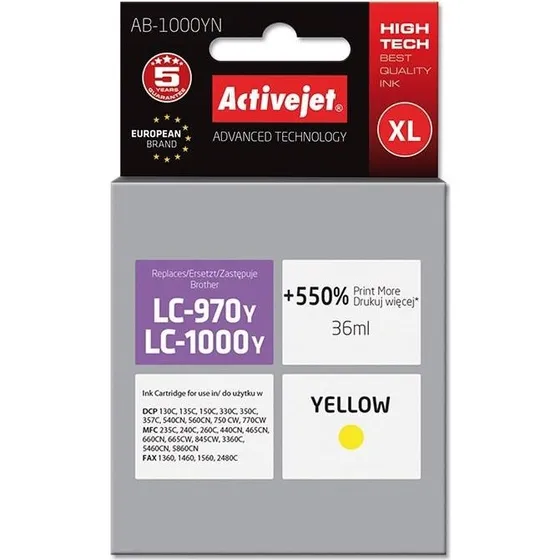 ActiveJet AB-1000YN Gul XL, 36 ml (kompatibel med Brother LC1000Y/LC970Y)