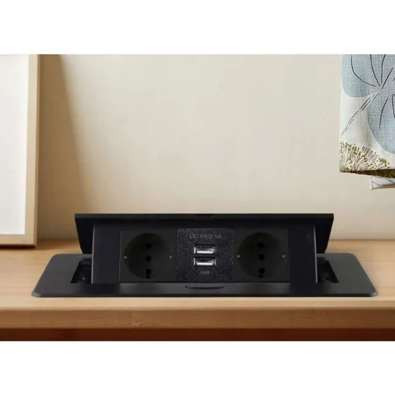 Merkur Stikdåse med USB, 2x Schuko + 2x USB 2.1, Aluminium