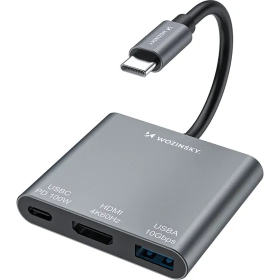 Wozinsky WHCH-01 USB-C 100W PD HDMI 4K@30Hz USB-A 10Gbps Hub - Grå