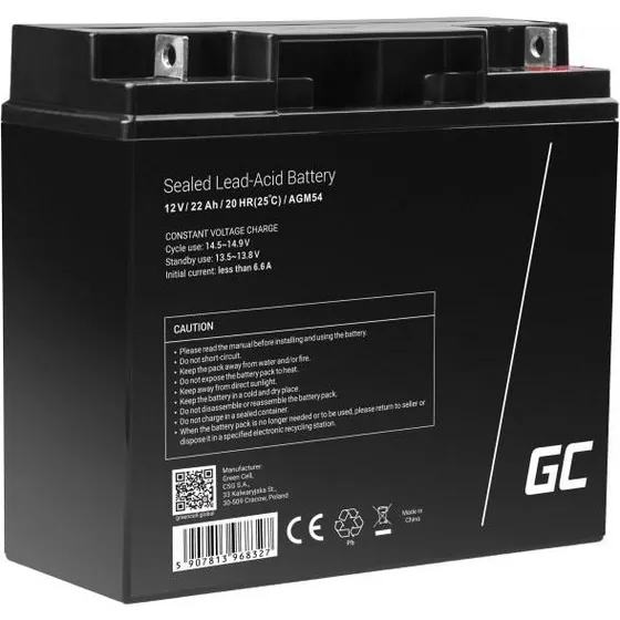 Green Cell AGM54 12 V 22 Ah AGM-batteri, sort