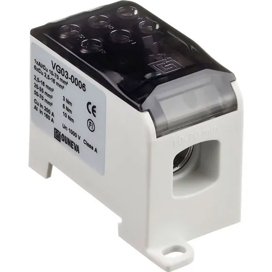 Ouneva OJL Distributionsblok 200A, Al/Cu 10-70 mm² tilgang, Cu 6×(2,5-16) mm² afgang