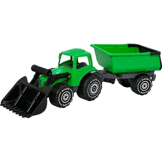 Plasto Traktor med Frontlæsser og Anhænger, Grøn, 56,5 cm