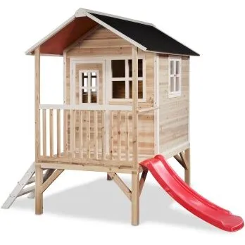 EXIT Loft 300 legehus i træ - naturfarvet med rutsjebane