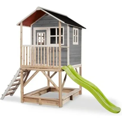EXIT Loft 500 legehus i træ, grå med rutsjebane & sandkasse
