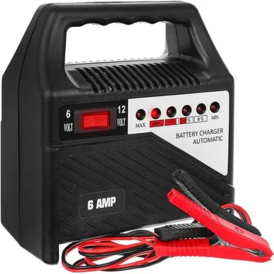 Batterilader 6V/12V 6A, sort, til bil og motorcykel