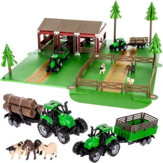 Bondegårdslegesæt 102 dele med dyr, traktor, stald og hegn
