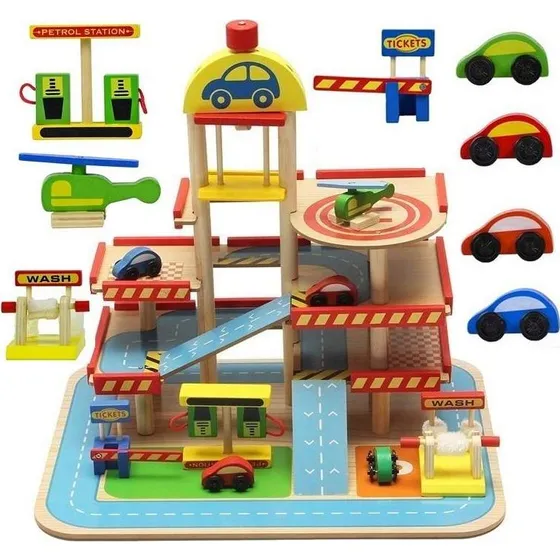 Trægarage med 4 niveauer, elevator, 4 biler & helikopter – 40x50,5 cm