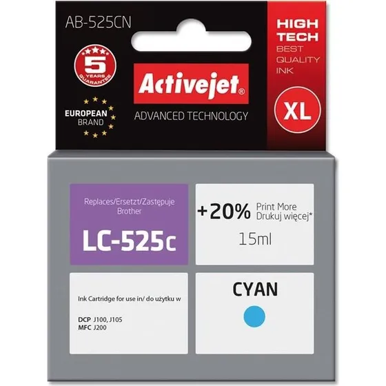 Activejet Cyan Blækpatron XL, 15 ml til Brother LC525C
