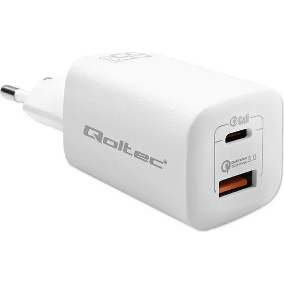 Qoltec GaN ULTRA 65W USB-C + USB-A Hurtigoplader, Hvid