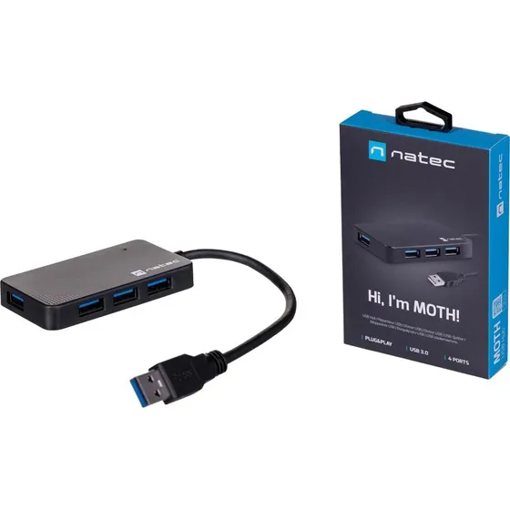 Natec Moth USB-hub 3.0, 4 porte, sort