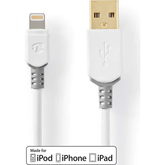 Nedis Lightning Kabel 2 m, USB-A, Guldplateret, Hvid/Grå