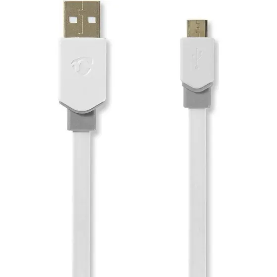 Nedis USB-kabel, USB-A til Micro-USB, 1 m, hvid, fladt
