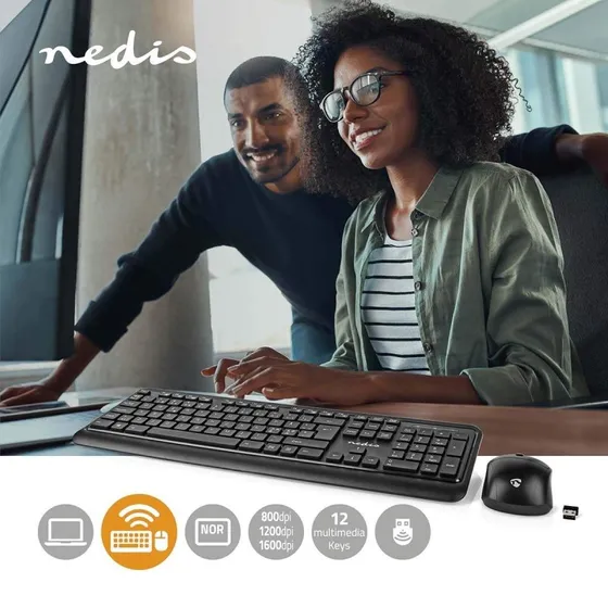 Nedis Trådløst Tastatur og Mus Sæt, QWERTY Nordic, Sort