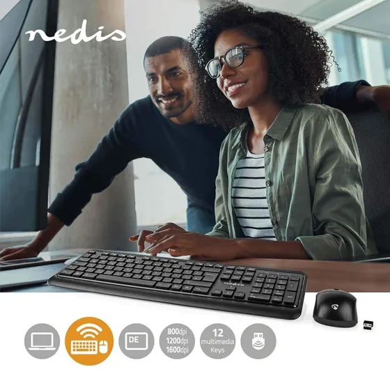 Nedis Trådløst Tastatur og Mus Sæt, QWERTZ, Sort