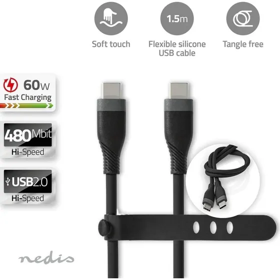 Nedis USB-C™-kabel 60 W, 1,5 m, silikone, sort