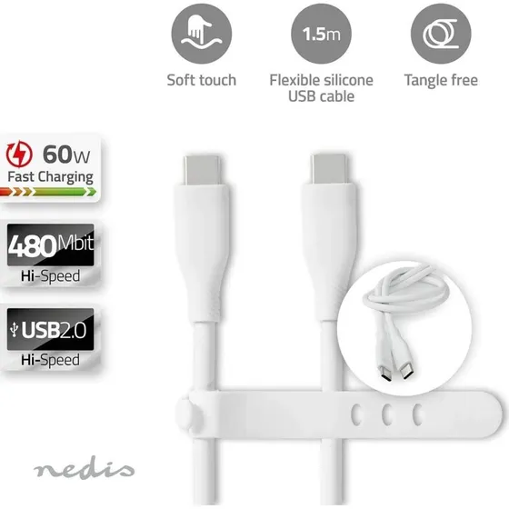 Nedis USB-C til USB-C 60 W, 1,5 m, hvid, silikone