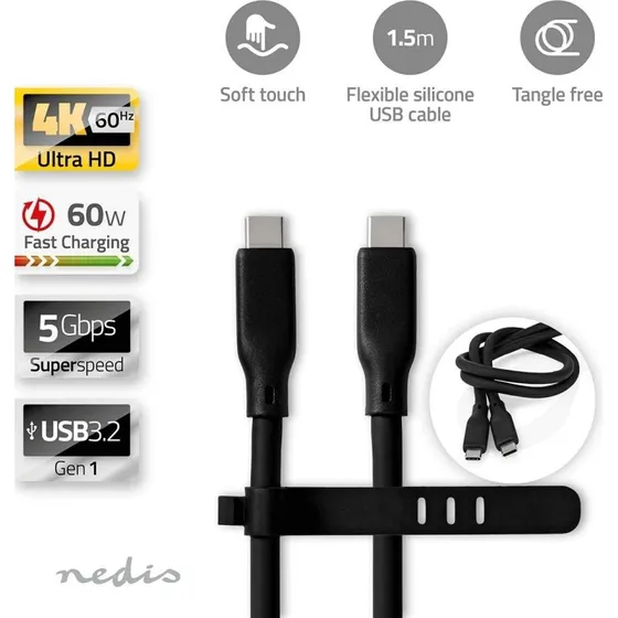 Nedis USB-C USB 3.2 Gen 1 60W 1,5m silikone, sort