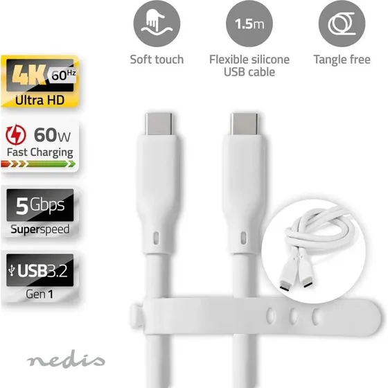 Nedis USB-C USB-C 60W 5Gbps 4K 1,5m silikone hvid