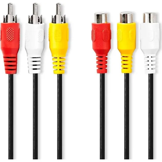 Nedis Composite Video Kabel 3x RCA Han/Hun, 2 m, Nikkelplateret, Sort