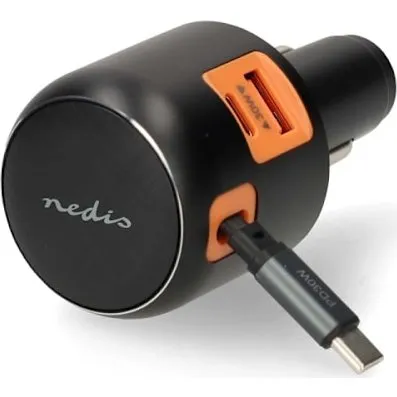 Nedis Biloplader 60W, 2 port, USB-A/C, udtrækkeligt kabel