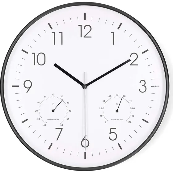 Nedis Vægur 300 mm, Hvid/Sort, Stille, med Termometer & Hygrometer