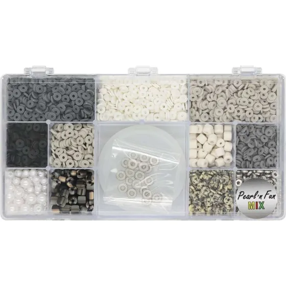 Pearl'n Fun Heishi Fimo Perlemix med Elastiksnor Sort/Grå/Hvid