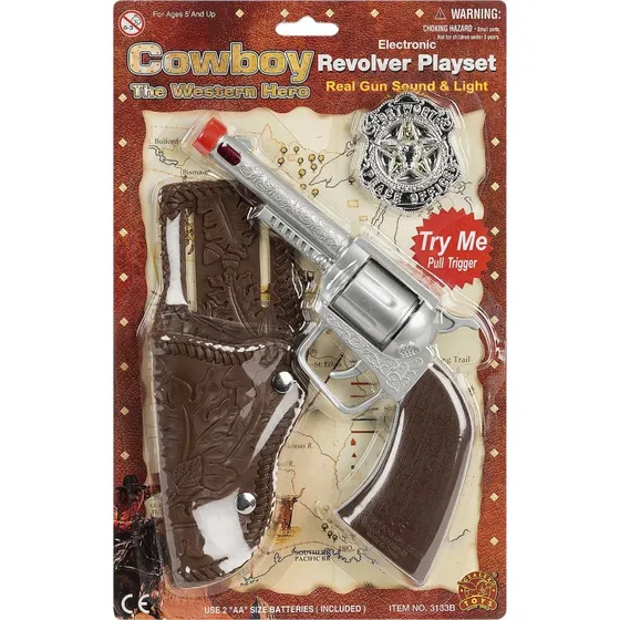 Cowboy Revolver Sæt – Elektronisk med Lyd og Lys, Sølv & Brun