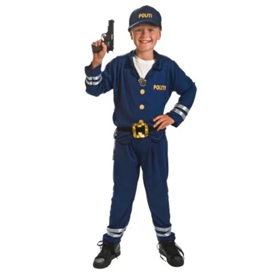 Rio Politimand Uniform 140 cm - Udklædning med bluse, bukser, bælte og kasket