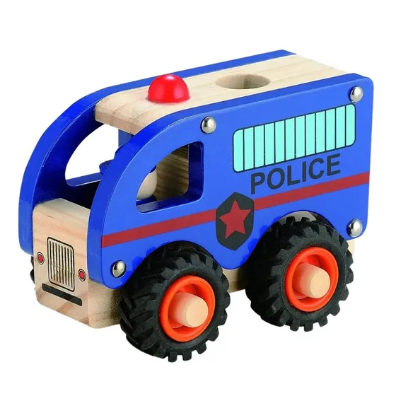 Magni Politibus i træ med gummihjul, 13x10x8 cm
