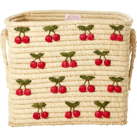 RICE Firkantet raffia-kurv med kirsebær-broderi, rød, 30x30x25 cm