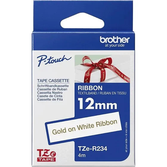 Brother TZe R234 Guld på Hvid Båndtape 1,2 cm x 4 m