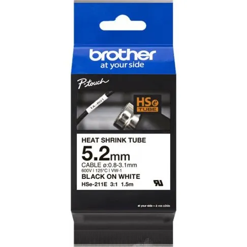 Brother HSe-211E 5,2 mm Sort på Hvid Krympeflextape