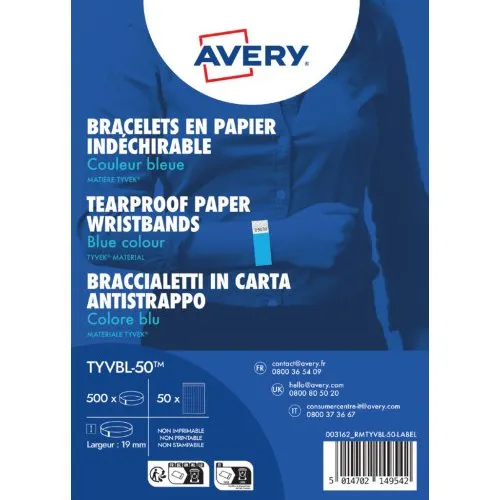 Avery TYVBL-50 Neonblå Tyvek Armbånd, 500 stk.