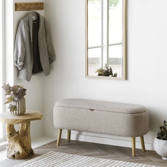 Harlow bænk med opbevaring, bouclé beige – 95x37x45 cm