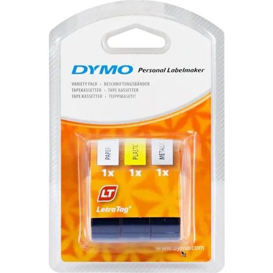 DYMO LetraTag 12mm x 4m, 3pk (hvid/papir, gul/plast, sølv/metallic)