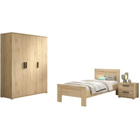SAM sengesæt 90 x 200 cm – eg med natbord & 3-dørs garderobe