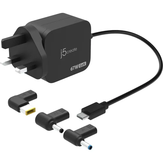J5create 67W GaN PD USB-C Charger med 3 DC-stik, sort