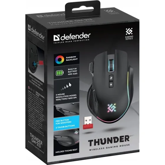 Defender Thunder GM-213 Trådløs Gamingmus 1600 dpi RGB 8 Knapper