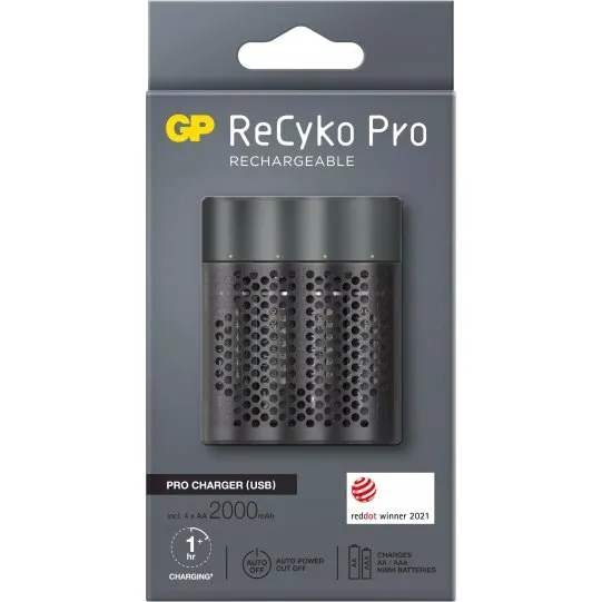 GP ReCyko Pro USB Oplader med 4xAA 2000mAh Batterier, Sort